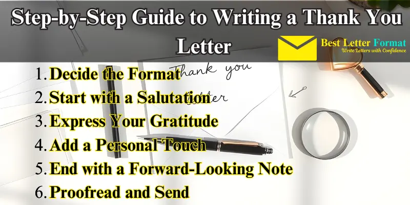 step by step guide thank you letter Step-by-step guide to writing a thank-you letter displayed with clear instructions and visuals, including a handwritten thank-you note, a pen, and a magnifying glass on a clean workspace.