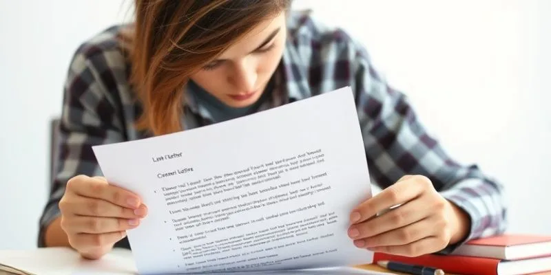 A 17-18-year-old student closely reviewing a paper with a diagram of a basic letter format, showing labeled sections.