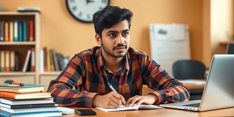 A 17-18-year-old student sitting at a desk with a pen in hand, thinking about how to start a letter.