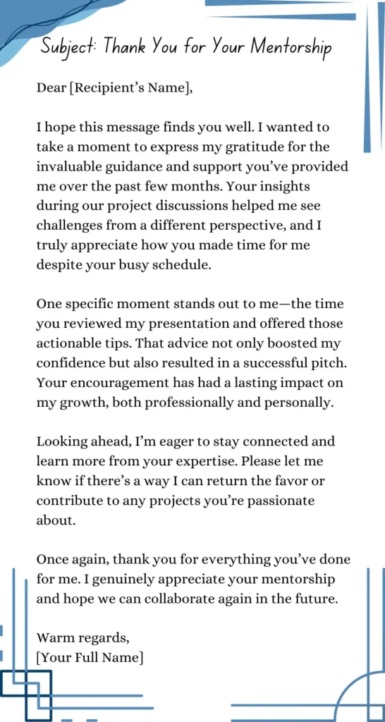 thank you letter template for mentor A professionally written thank-you letter template, with a formal tone and structured layout, expressing gratitude to a mentor for their guidance and support.