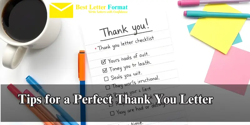 tips for writing thank you letters Flat-lay of a checklist for writing thank-you letters, surrounded by sticky notes, pens, and a coffee mug.