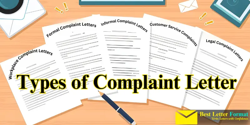 "Illustration of various types of complaint letters on a desk, categorized as formal, informal, customer service, workplace, and legal.