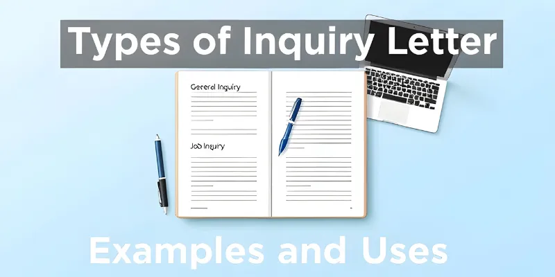 Segmented notebook with labeled sections for different types of inquiry letters like General Inquiry, Sales Inquiry, and Job Inquiry, featuring the text 'Types of Inquiry Letters - Examples and Uses.'