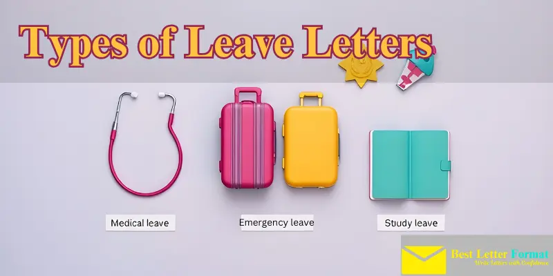 Visual representation of types of leave letters with symbols for medical, vacation, and study leave.