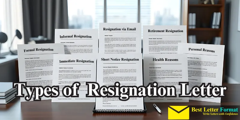 types of resignation letters variety A variety of resignation letters representing different types, such as formal, informal, and immediate resignation, displayed on a desk.