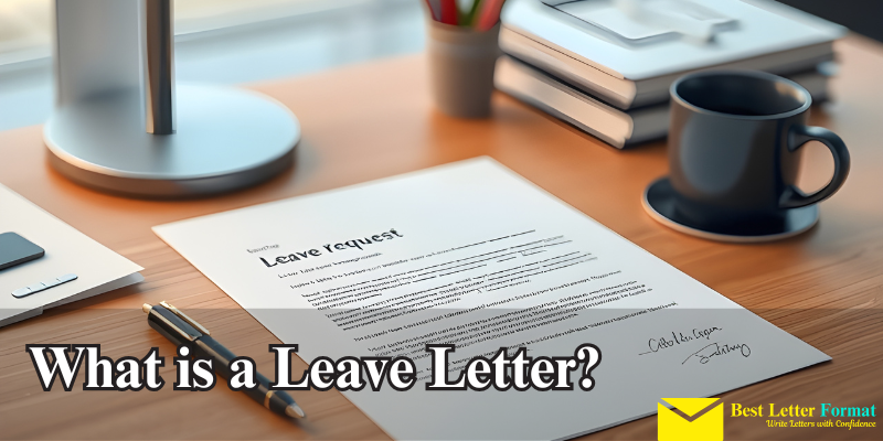 A professional leave request letter placed on an office desk with a pen and envelope.