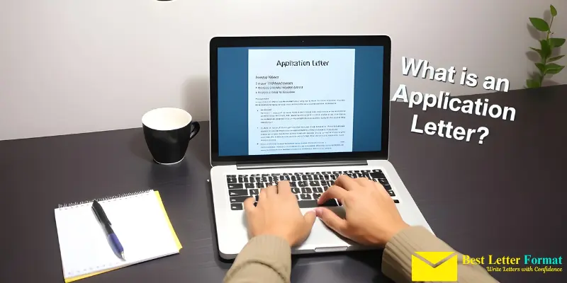 A professional individual typing an application letter on a laptop with the heading 'What is an Application Letter?' displayed on the screen.