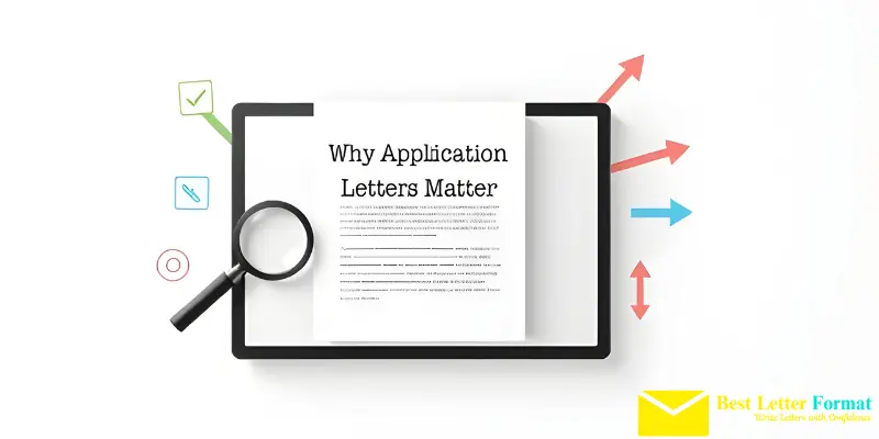 An abstract representation of an application letter with icons like a magnifying glass and checkmarks, emphasizing the importance of a strong first impression.