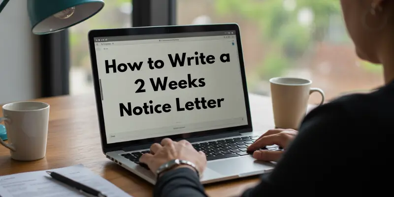 writing 2 weeks notice intro Person researching how to write a 2 weeks notice letter on a laptop.