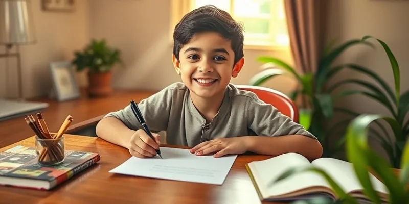 Ali smiling and writing his first letter with excitement at a wooden desk.