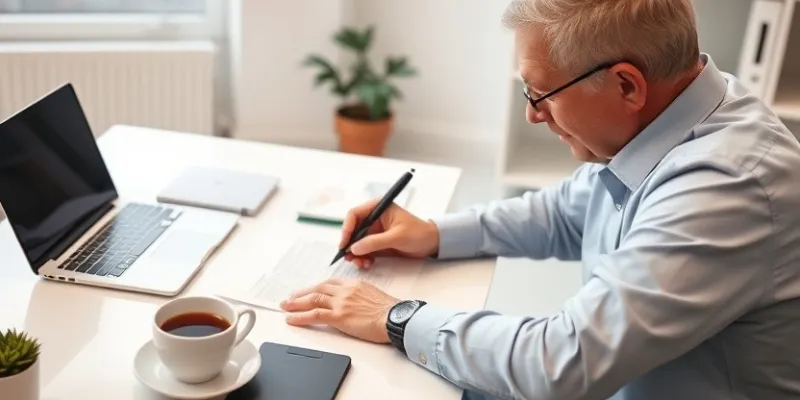 Middle-aged professional writing a formal letter in an office setting.