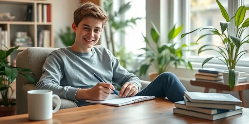 Young person writing an informal letter with a smile in a cozy living room.