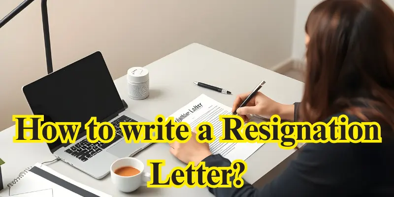 Person writing a resignation letter at a modern desk with laptop and coffee