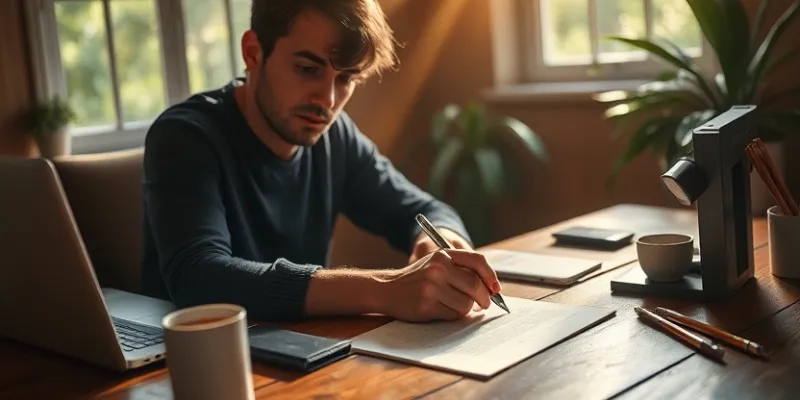 Person writing a semi-formal letter at a desk with a cup of coffee.